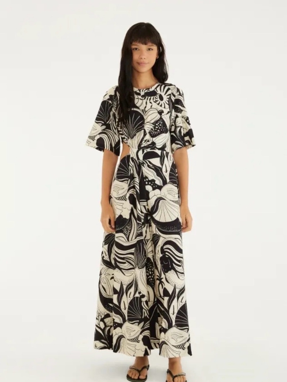 Farm Rio Black & White Sea Party Maxi Dress - Women's Printed Short Sleeve Dress